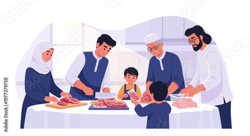 Family preparing meat for Eid al-Adha celebration with joy and togetherness