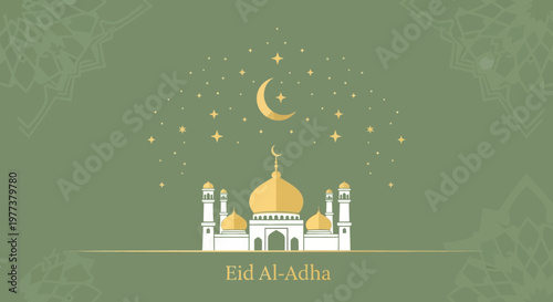 Joyful Eid al-Adha celebration with mosque, crescent moon, and stars