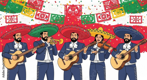 Mariachi band playing music with guitars trumpet and violins under colorful sombreros and papel picado
