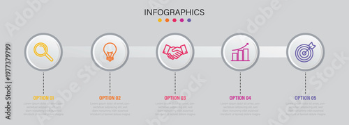 Business infographic timeline with 5 options and icons. Vector infographic template for process flow or workflow layout. Vector Illustration