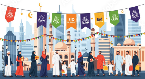 Happy Eid al-Adha celebration with family and friends in a city