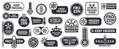 Black frozen product stickers. Monochrome meat and fish labels with temperature icons, frozen food packaging badges. Vector isolated set