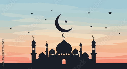 Happy Eid al-Adha Silhouette of Mosque and Crescent Moon at Sunset