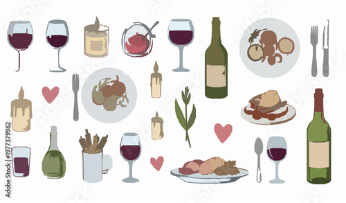 Cozy wine and food doodle vector set with romantic dinner elements for menu stickers and social media design