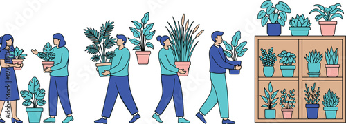 Vector illustration of diverse people holding potted plants and organizing greenery on wooden shelf, representing indoor gardening, plant care, eco lifestyle, and botanical shop concepts
