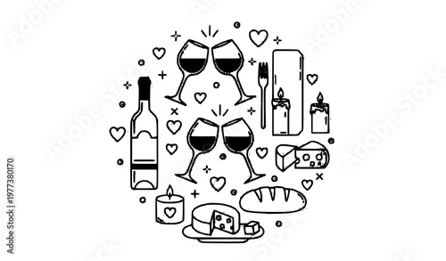 Romantic dinner doodle vector with wine food candle elements in clean line art for menu and branding