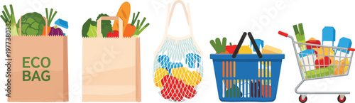 Vector illustration of grocery containers including eco paper bag, reusable mesh bag, plastic basket, and shopping cart filled with fresh produce, food, and sustainable packaging concepts