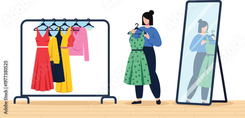 Vector illustration of person choosing clothes in fashion store, holding green polka dot dress in front of mirror with clothing rack and stylish outfits displayed