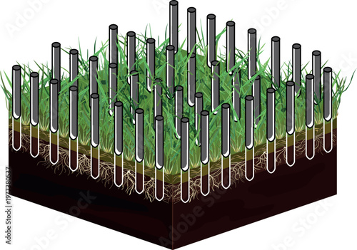 Isometric illustration of garden soil aeration with metal spikes