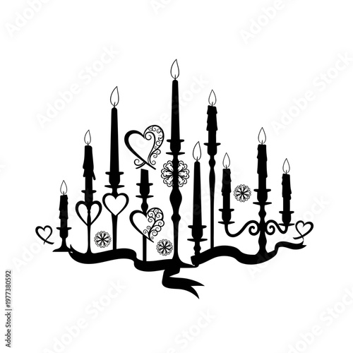 A black silhouette of a candelabra with hearts and flowers on a white background