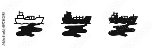 Ship oil spill icons for environmental pollution and ocean disaster