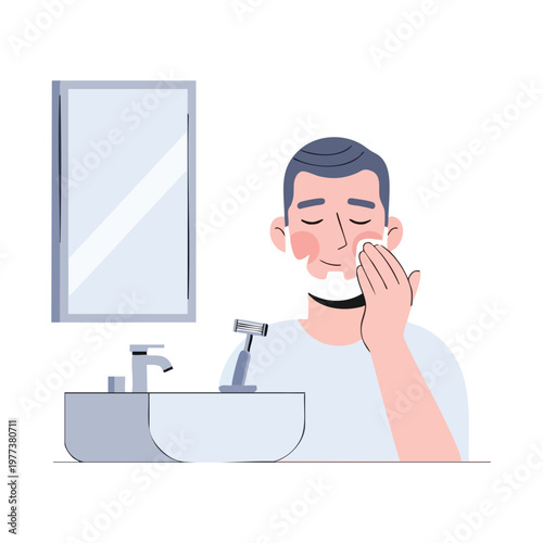 Man shaving his face with a razor in the bathroom.