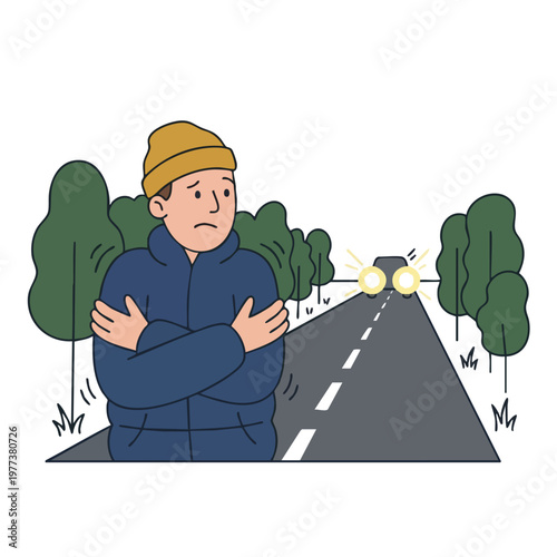 Man shivering on a cold road at night.