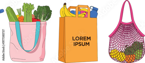 Vector illustration of reusable tote bag, paper shopping bag, and mesh fruit bag filled with groceries, highlighting eco friendly packaging, sustainability, and healthy lifestyle concepts