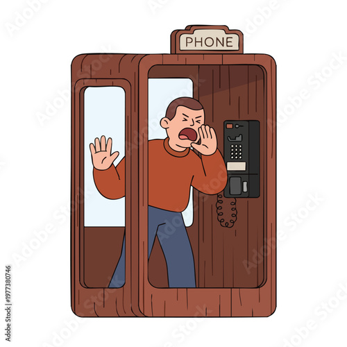 Man shouting in a vintage wooden phone booth.