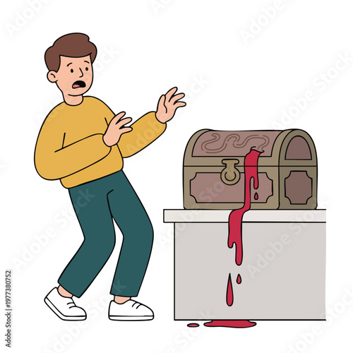 Man Shocked by Blood Dripping from Treasure Chest.