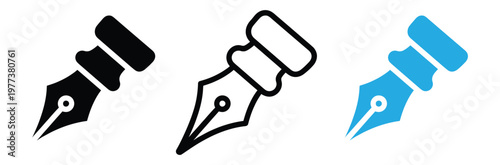 Fountain pen nib icons in black, Line art, And blue on white background for writing and drawing concepts