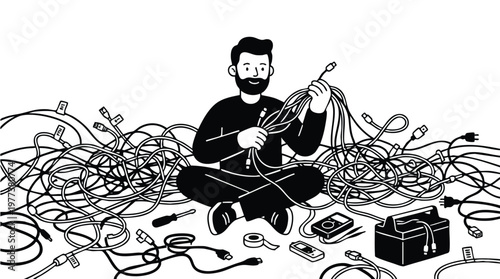 Man Sitting Amidst Tangled Wires and Cables.