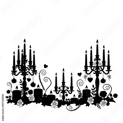 A black silhouette illustration of candelabras with flowers and hearts on a white background