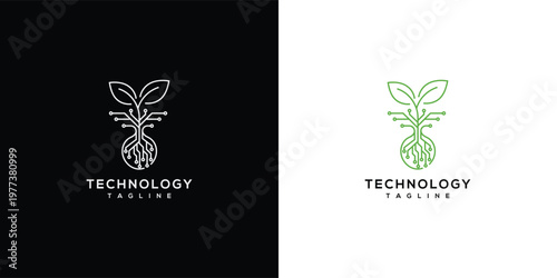 Green Technology Logo Plant Growing Out of Circuit Board