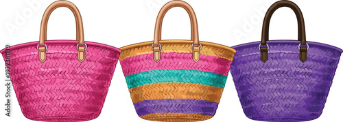 Vector illustration of three woven baskets in pink, purple, and multicolor striped design with handles, symbolizing craftsmanship, handmade products, fashion accessories, 