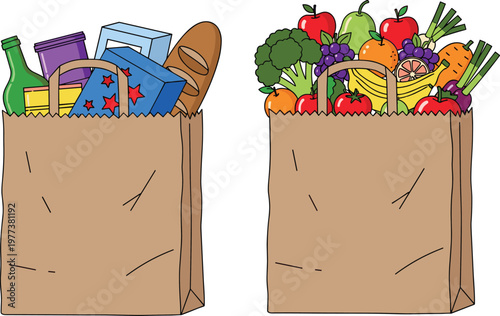 Vector illustration of two brown paper grocery bags, one filled with packaged goods and the other with fresh fruits and vegetables, symbolizing healthy lifestyle and shopping choices