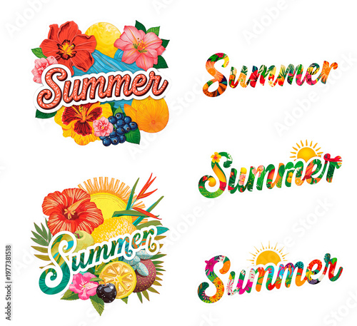 Summer text with flowers and fruits isolated on transparent background
