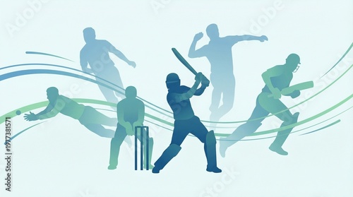 Cricket silhouettes composition showing batting bowling catching and running actions with smooth gradient flow lines on light background for sports design and branding use