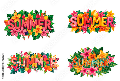 Summer text with flowers and fruits isolated on transparent background