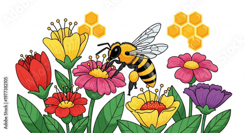 Bee collecting nectar from colorful flowers in garden with honeycomb