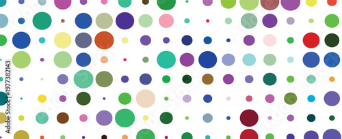 Colorful seamless birthday polka dot pattern. Bright repeated round confetti background. Cute dotted wallpaper for Easter wrapping paper, kid bday nursery decor, birthday decoration design.