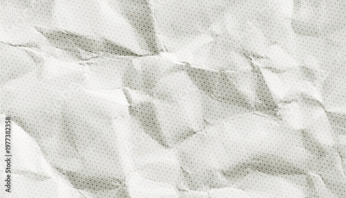 Halftone crumpled paper texture with black dotted, rough, and wrinkled surface. White creased sheet background in comic pop-art style, featuring grainy folds and gritty distressed details.