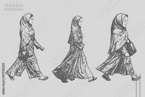 hijab woman walking in Vintage engraving style detailed vector illustration. muslim hijab woman Hand-drawn Sketch Drawing Vector