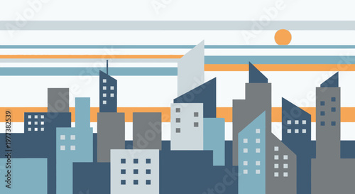 Colorful vector illustration of an abstract urban cityscape featuring a night sky over a downtown skyline with modern buildings and architectural business skyscrapers in a cartoon design