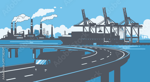 A massive cargo ship docks at the industrial harbor as cranes facilitate freight loading near the city bridge under a clear sea sky