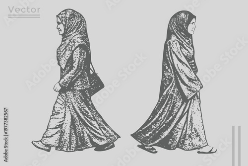 muslim hijab woman walking Hand-drawn Sketch Drawing Vector Illustration. hijab woman in Vintage engraving style detailed