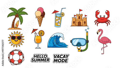 Summer Beach Sticker Set: Tropical Vacation, Surf, Sandcastle & Sea Life