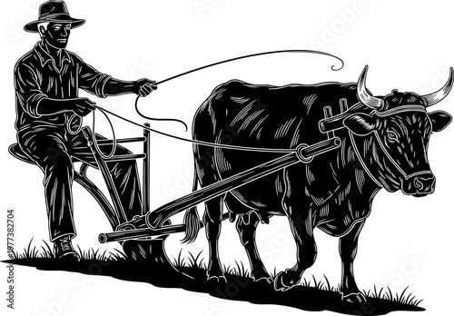 Vintage illustration of a farmer plowing a field with a team of oxen showcasing rural life and agricultural practices