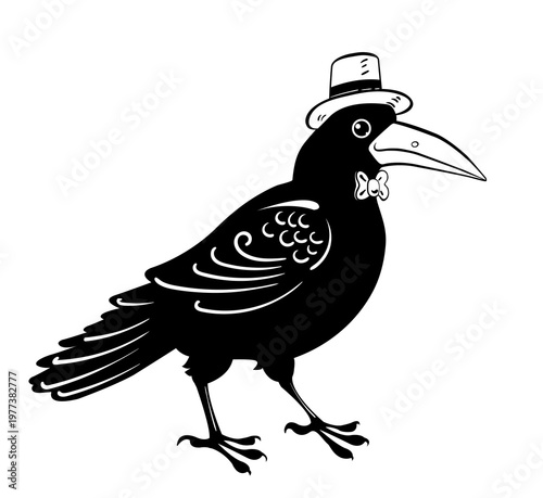 A stylized black raven in a hat. Graphic black and white image. Vector. isolated on white. Hand work, not AI.