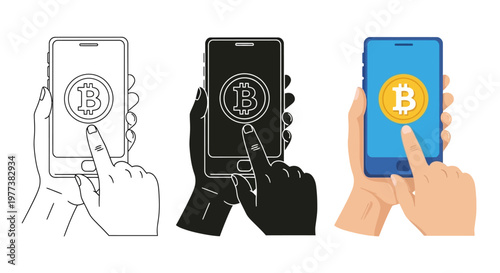 Bitcoin, cryptocurrency, mobile phone, payment icons, vector graphics