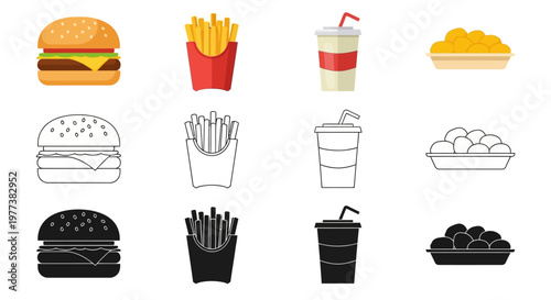 Fast food icons, restaurant symbols, vector meal signs, 12 graphics