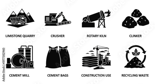 Cement Industry Icons, Industrial Symbols, Construction Signs, Quarry and Recycling Vector Graphics