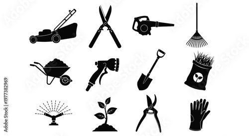 Gardening tools, icons, gardening equipment, black silhouettes, 12 symbols