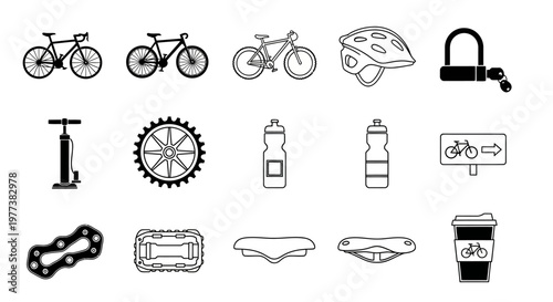 Bicycle, cycling, bike icons, 16 symbols, black and white, vector graphics, transportation, cycling accessories
