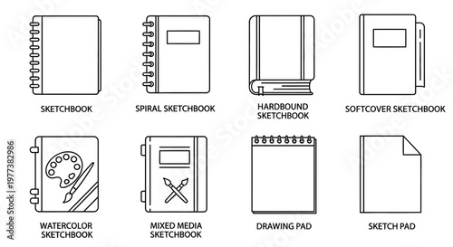 Sketchbook, notebook, and drawing pad icons, vector illustration set