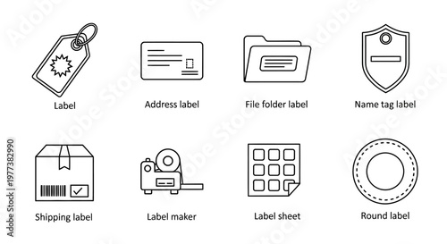 Label icons, label templates, sticker symbols, 8 editable vector graphics, label maker, address tag, file folder label