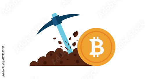 Bitcoin mining, cryptocurrency icon, digital gold coin, mining tools