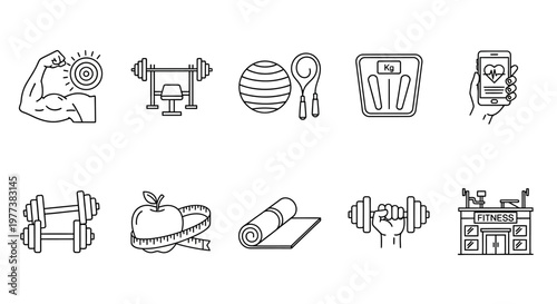 Fitness icons, workout symbols, healthy lifestyle graphics, exercise signs