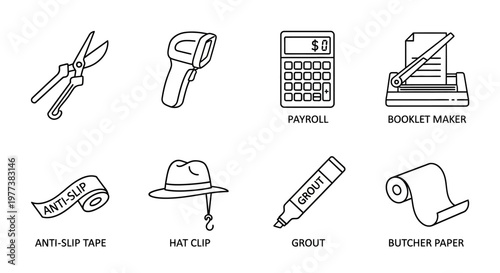 Office, school, and craft supply icons, 8 black line drawings, tools and materials