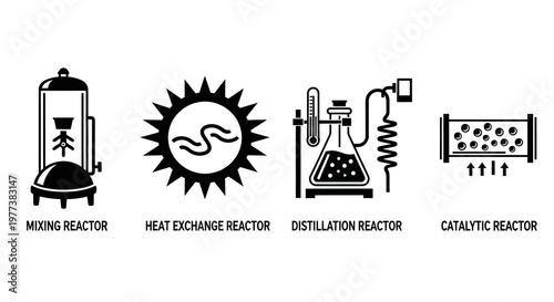 Industrial reactor icons, chemical engineering symbols, process equipment illustrations, industrial machinery graphics